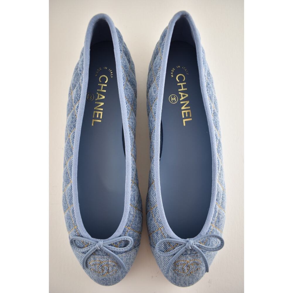 Chanel 26B Light Blue Denim Quilted CC Logo Bow Tie Ballet Ballerina Flat 38 - Picture 14 of 16